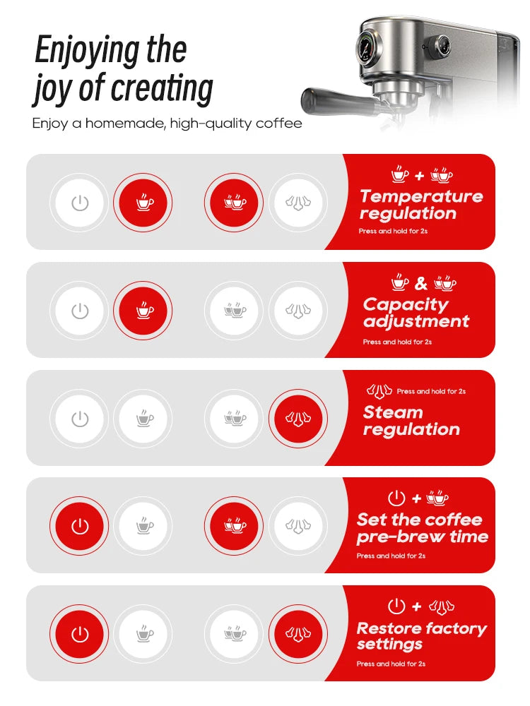 20Bar Semi Automatic Espresso Coffee Machine Temperature Adjustable Cold/Hot Super Slim Coffee Maker Cappuccino H10B