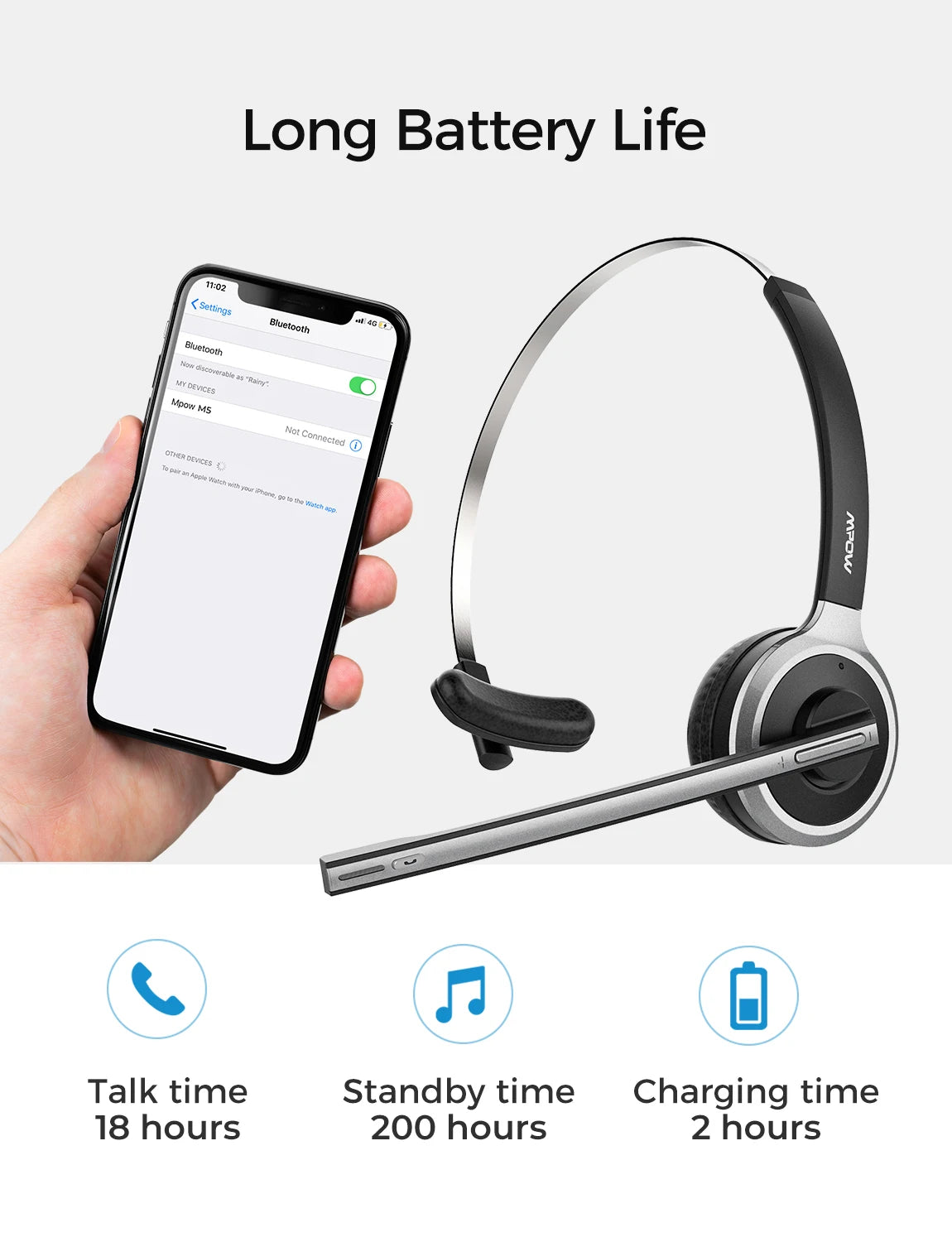 1/2 pack Mpow M5 Bluetooth V5.0 Headset Wireless Truck Driver Headphones Hands-free Call Headset with Mic for Call Center Office