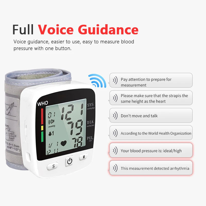 Digital Blood Pressure Monitor Wrist Tensiometer Electronic Sphygmomanometer Tonometer with LCD, 2 X 90 Memory Rechargeable