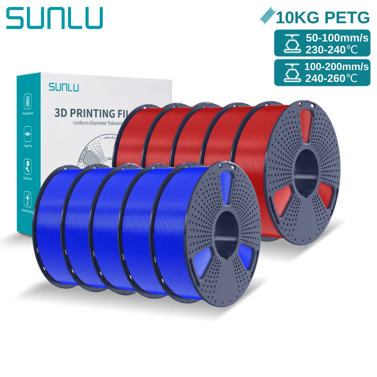 SUNLU PETG 10KG 3D Printer Filament 1.75mm High Toughness Neatly Wound 3D Filaments Spool for Most FDM 3D Printer Materials