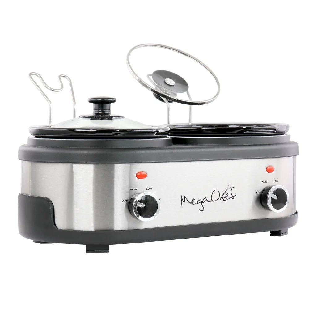 Dual 1.5 Quart Slow Cooker Buffet with Removable Ceramic Pots Tempered Glass Lids Cool Touch Handles Perfect Entertaining