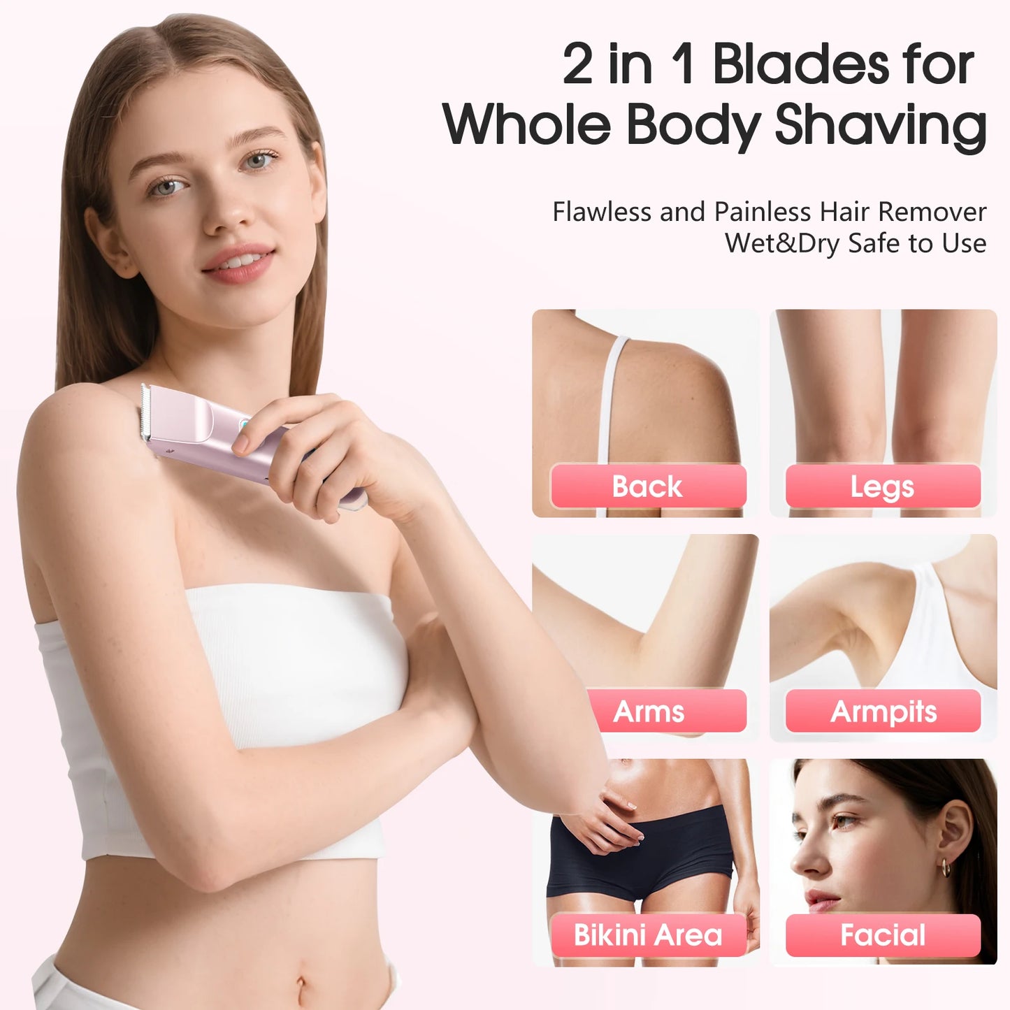 Electric Shaver for Women, Waterproof Wet & Dry Hair Razors, 2 in 1 Double Head, Dual Bikini Hair Trimmer, Detachable Head Shaver
