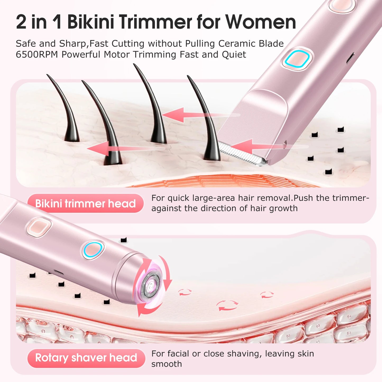 Electric Shaver for Women, Waterproof Wet & Dry Hair Razors, 2 in 1 Double Head, Dual Bikini Hair Trimmer, Detachable Head Shaver