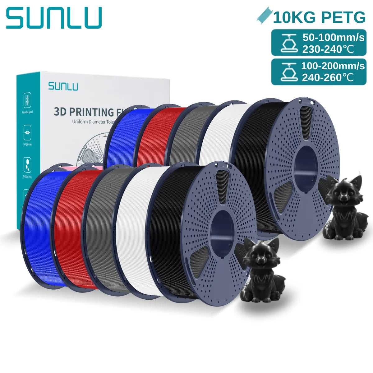 SUNLU PETG 10KG 3D Printer Filament 1.75mm High Toughness Neatly Wound 3D Filaments Spool for Most FDM 3D Printer Materials