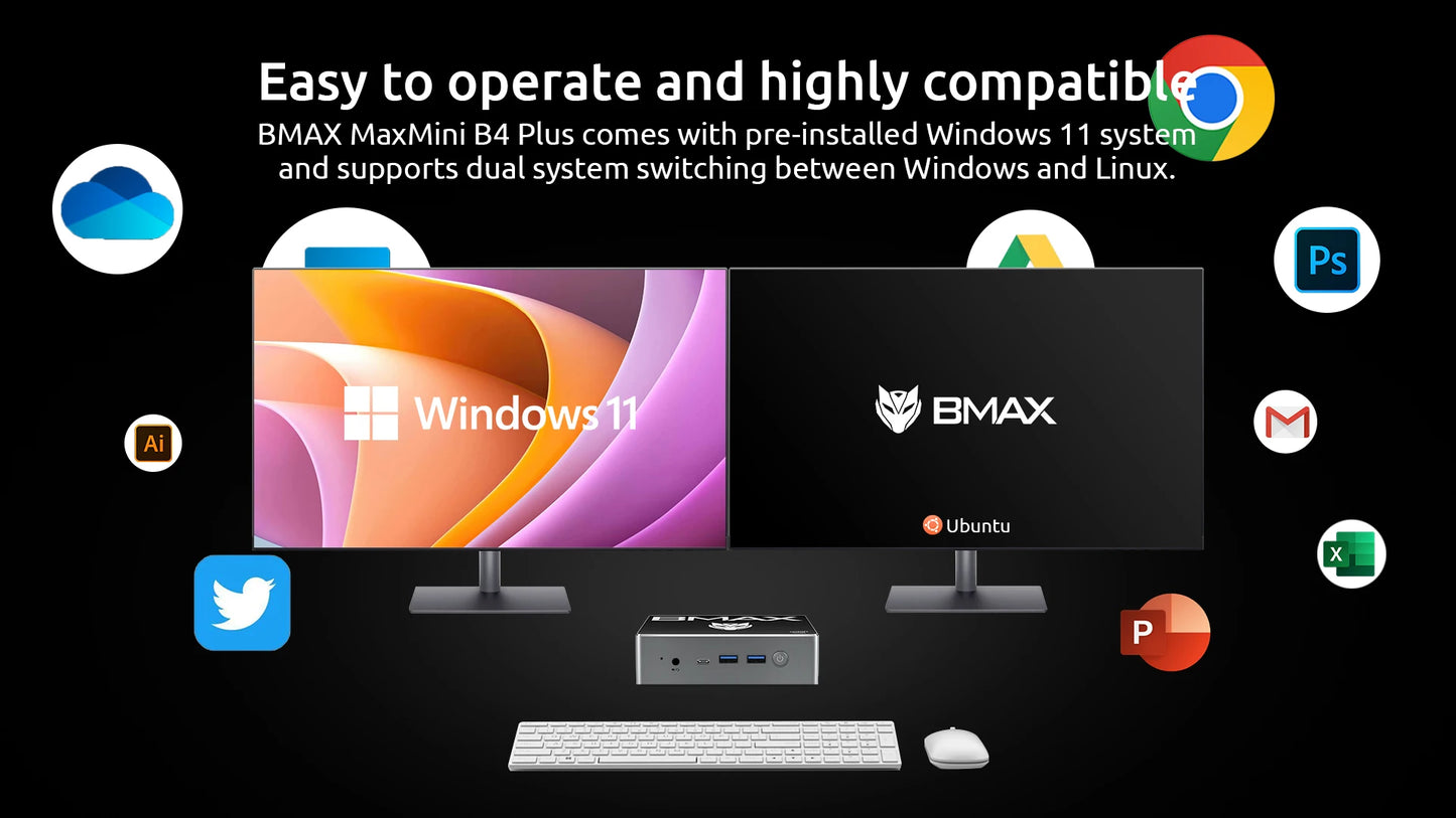 Mini PC Windows 11 PC Intel N100 16GB DDR4 512GB SSD 2*HDMI 1*Type-C Supports 4K@60Hz 750MHz Intel UHD Graphics