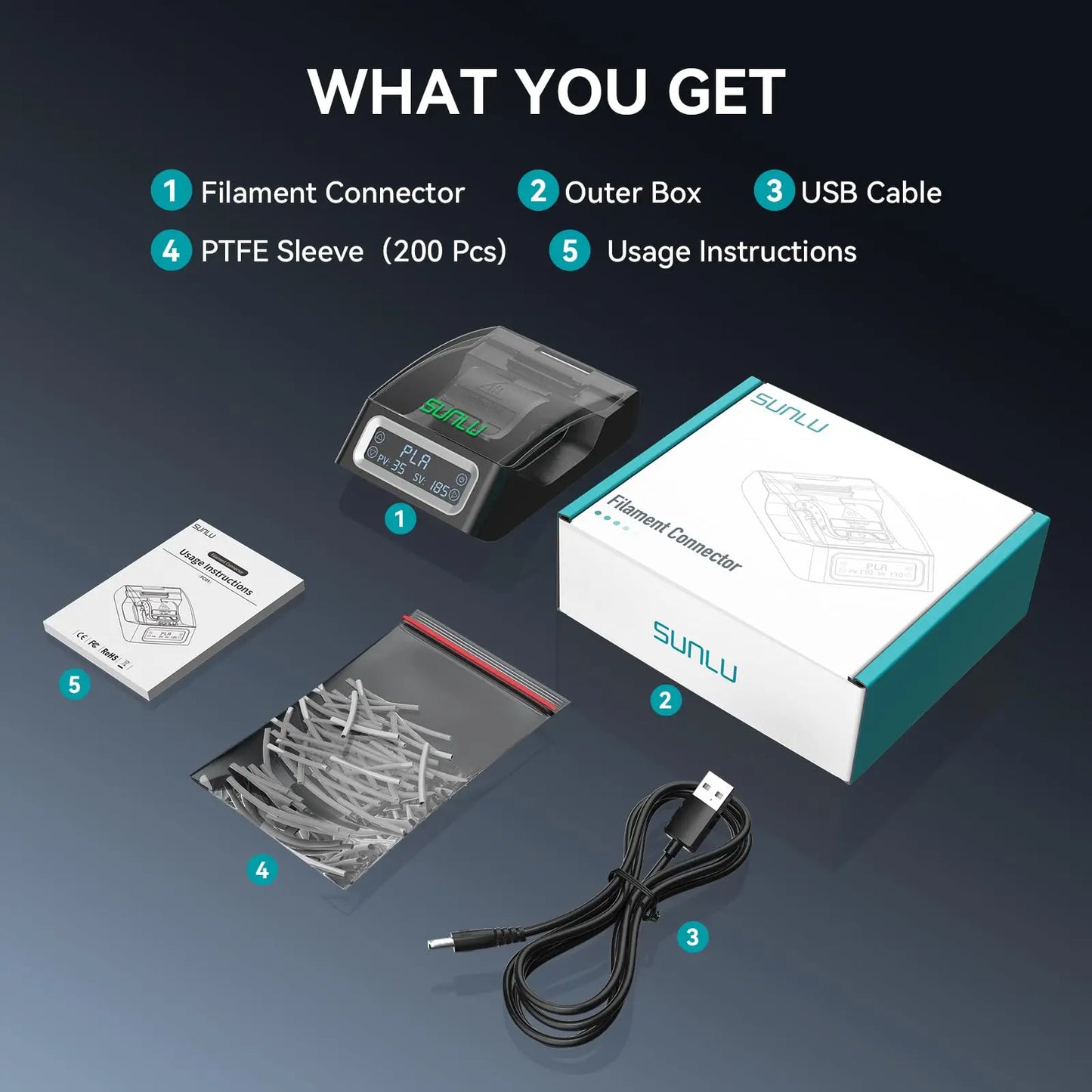 Filament Connector For FC01 1.75mm filament, easy connect For PLA PETG ABS TPU all 3D Printer filament, 200Pcs PTFE Sleeve