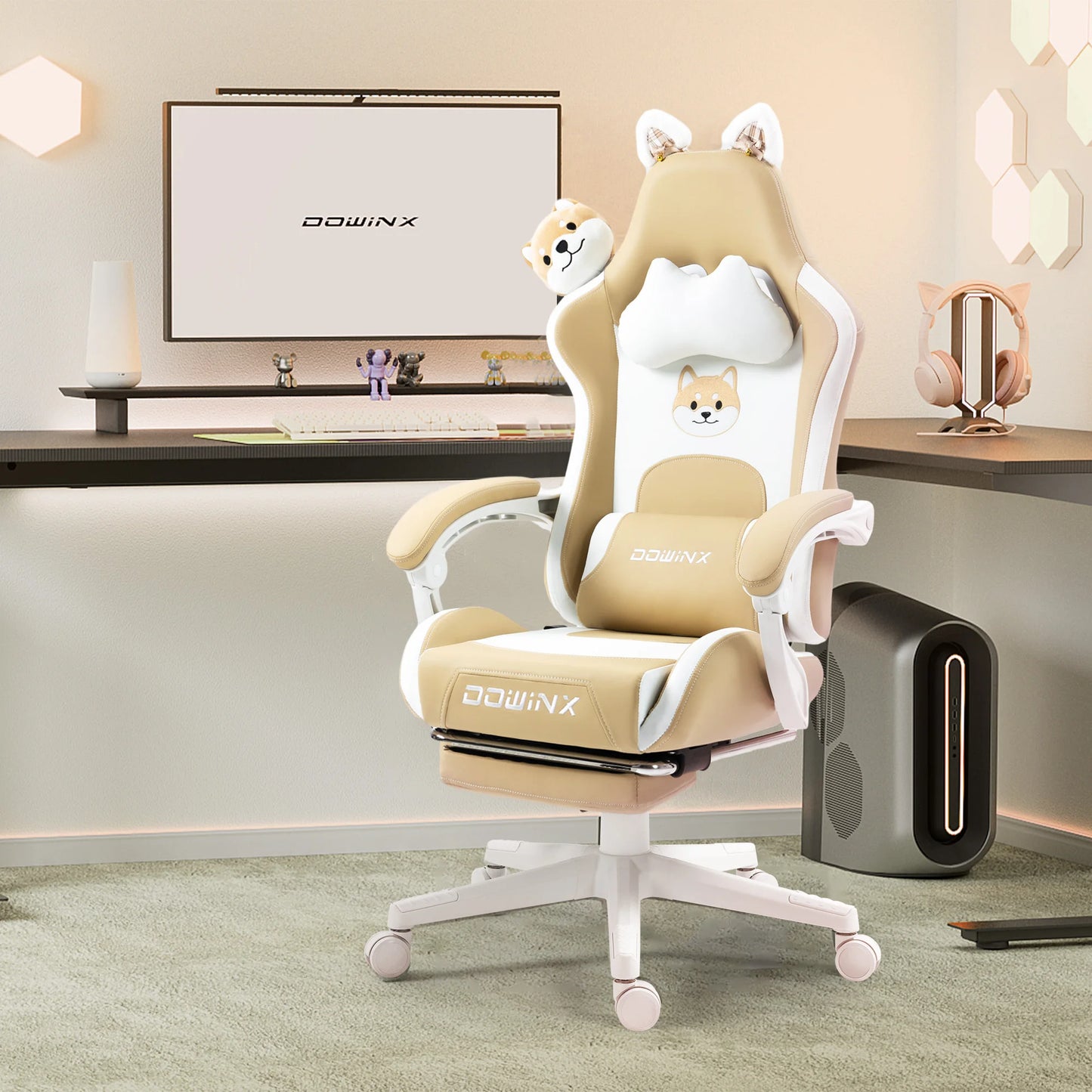 Gaming Chair Cute with Cat Ears and Massage Lumbar Support, Ergonomic Computer Chair for Girl with Footrest and Headrest