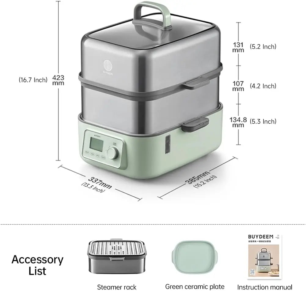 Electric Food Steamer for Cooking, 2 Tire Stainless Steel Steamer with Manual Mode, 1500W, 14 Quart, Green