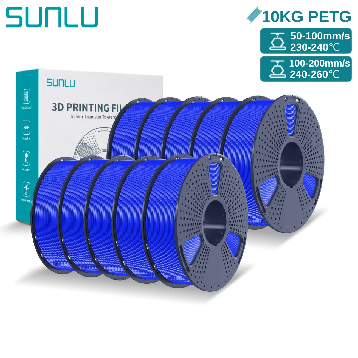 SUNLU PETG 10KG 3D Printer Filament 1.75mm High Toughness Neatly Wound 3D Filaments Spool for Most FDM 3D Printer Materials