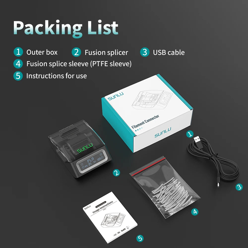 Filament Connector FC01 for 1.75mm PLA/ABS/PETG/PA/PC Filament, Fast Welding Splicer Simple to Use with 200pcs PTFE Sleeve