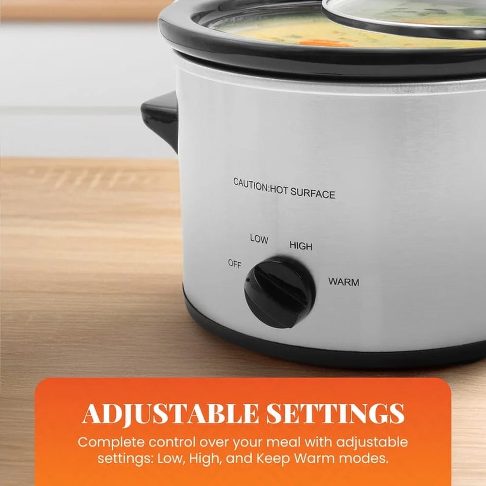 1.5Qt Mini Slow Cooker Stainless Steel Inner Pot Low High Keep Warm Glass Lid Cool Touch Handles Dips Soups Appetizers