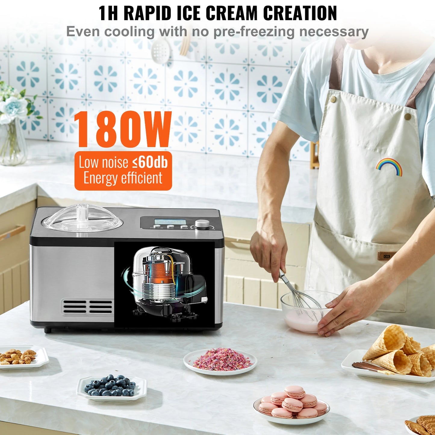 Automatic Ice Cream Maker with Built-in Compressor, 2 Quart, No Pre-freezing, Fruit Yogurt Machine, Electric Sorbet Maker