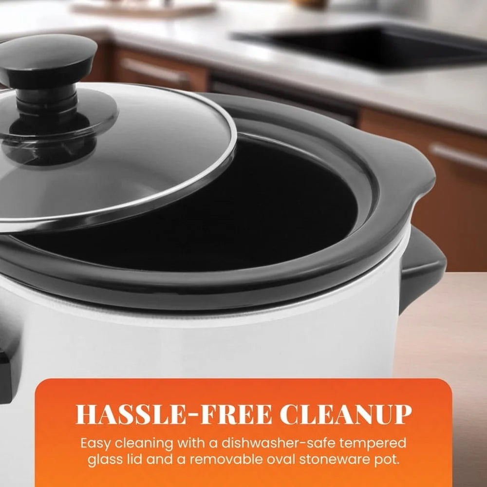 1.5Qt Mini Slow Cooker Stainless Steel Inner Pot Low High Keep Warm Glass Lid Cool Touch Handles Dips Soups Appetizers