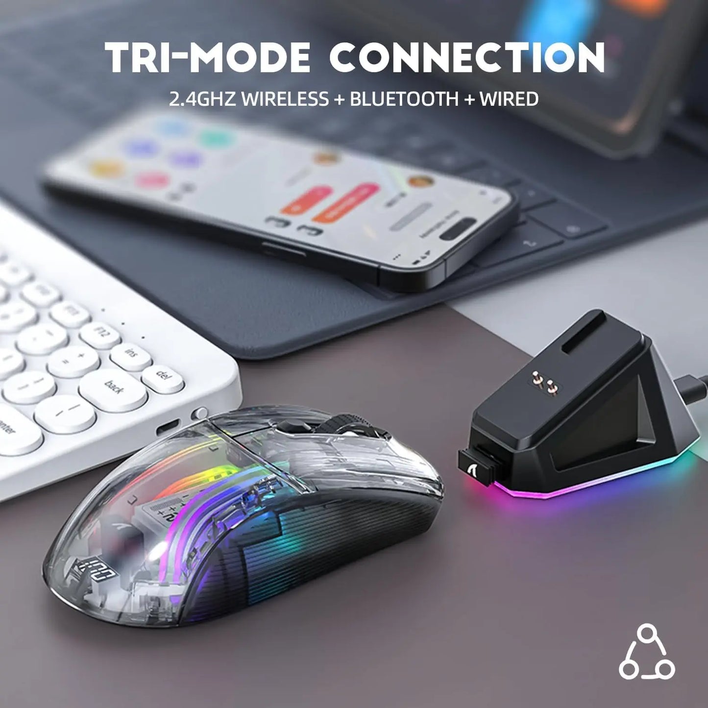 X2Pro Wireless Gaming Mouse with RGB Charging Dock, Tri-Mode Mute Mouse RGB, Backlit, Transparent Shell ,PixArt 3212