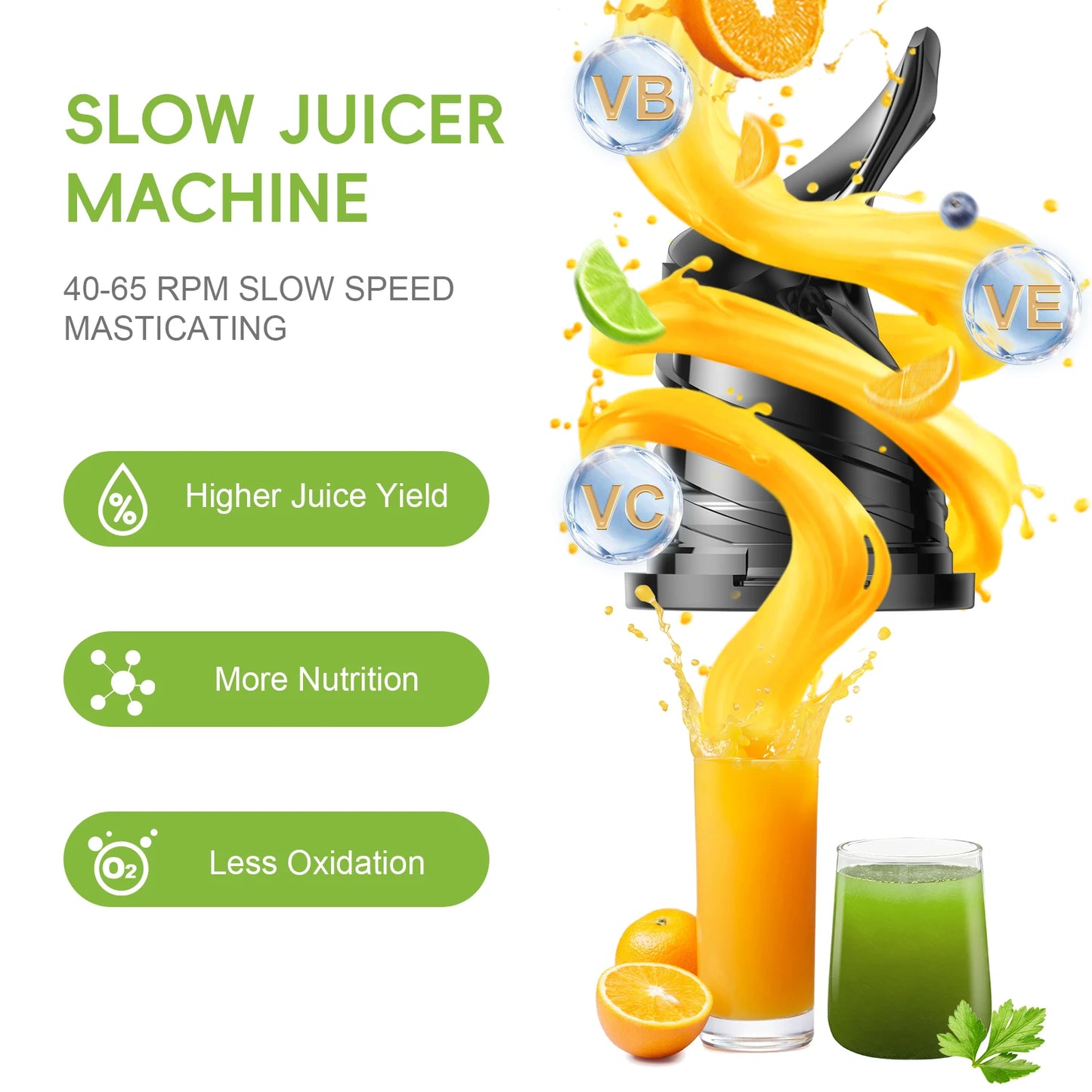 Cold Press Juicer, with 130mm Feed Chute, Fit Whole Fruits & Vegetables, High Juice Yield, BPA FREE Slow Masticating Juicer