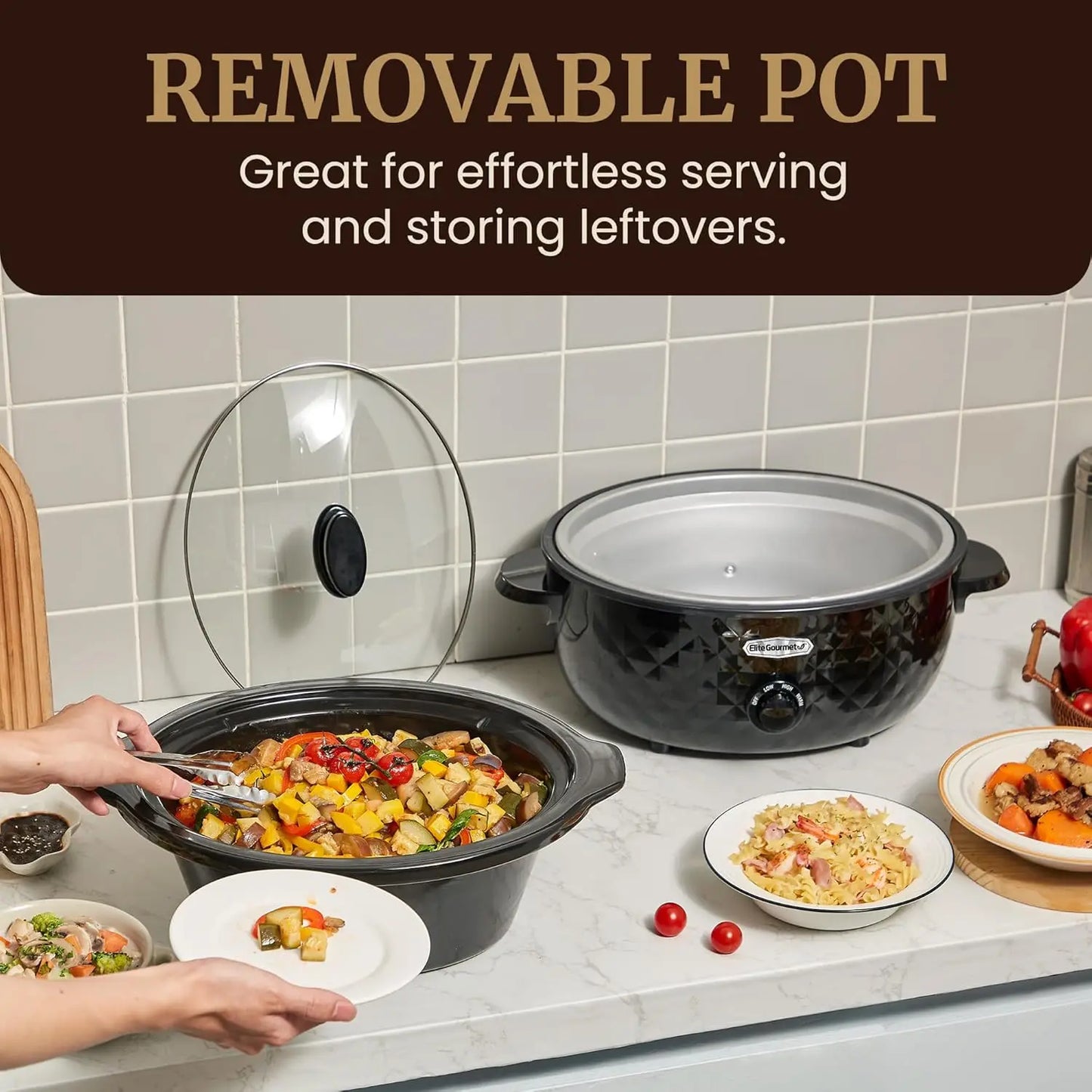 Diamond Pattern Slow Cooker Removable Dishwasher-Safe Pot with Tempered Glass Lid, Cool-Touch Handles, 6 Quart, Charcoal Black