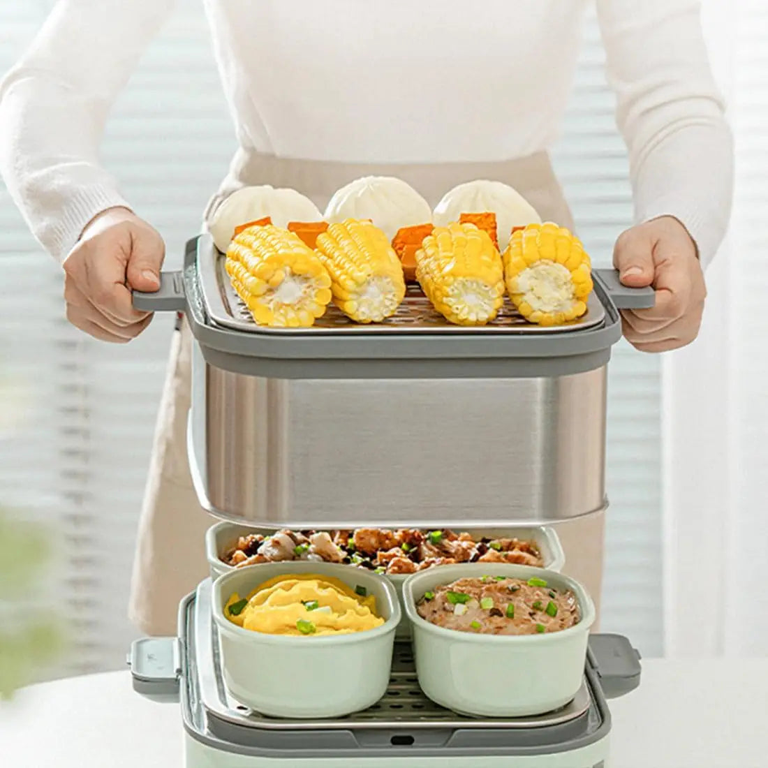 Electric Food Steamer for Cooking, 2 Tire Stainless Steel Steamer with Manual Mode, 1500W, 14 Quart, Green