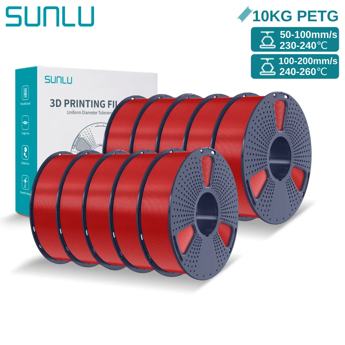 SUNLU PETG 10KG 3D Printer Filament 1.75mm High Toughness Neatly Wound 3D Filaments Spool for Most FDM 3D Printer Materials