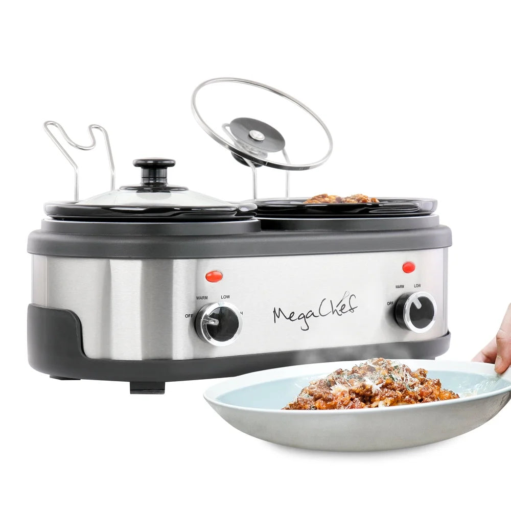 Dual 1.5 Quart Slow Cooker Buffet with Removable Ceramic Pots Tempered Glass Lids Cool Touch Handles Perfect Entertaining