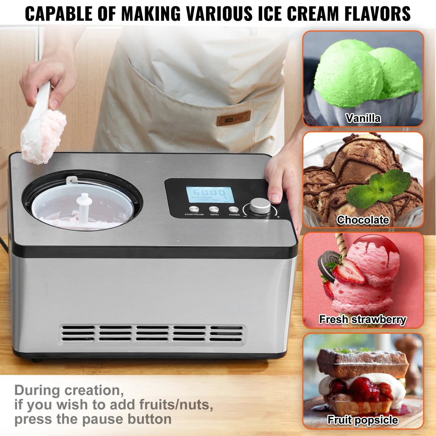 Automatic Ice Cream Maker with Built-in Compressor, 2 Quart, No Pre-freezing, Fruit Yogurt Machine, Electric Sorbet Maker