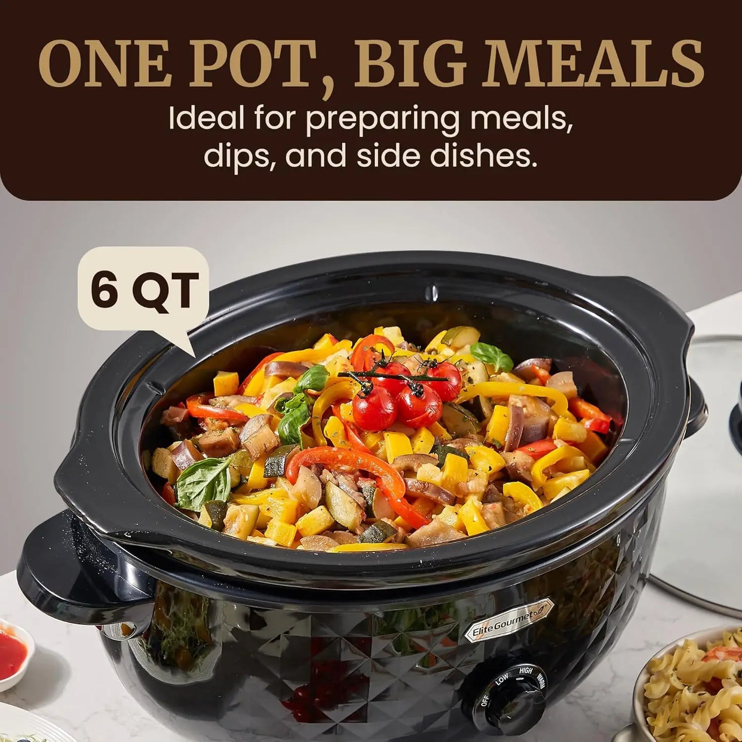 Diamond Pattern Slow Cooker Removable Dishwasher-Safe Pot with Tempered Glass Lid, Cool-Touch Handles, 6 Quart, Charcoal Black