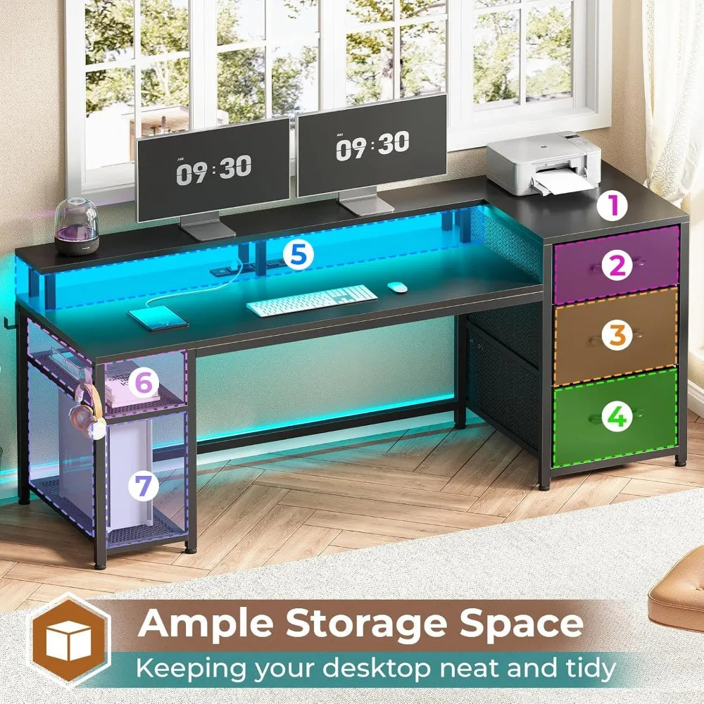 59" Office Desk with Drawers, Reversible Computer Desk with File Drawers & Storage, Gaming Desk with LED Lights & Power Outlet