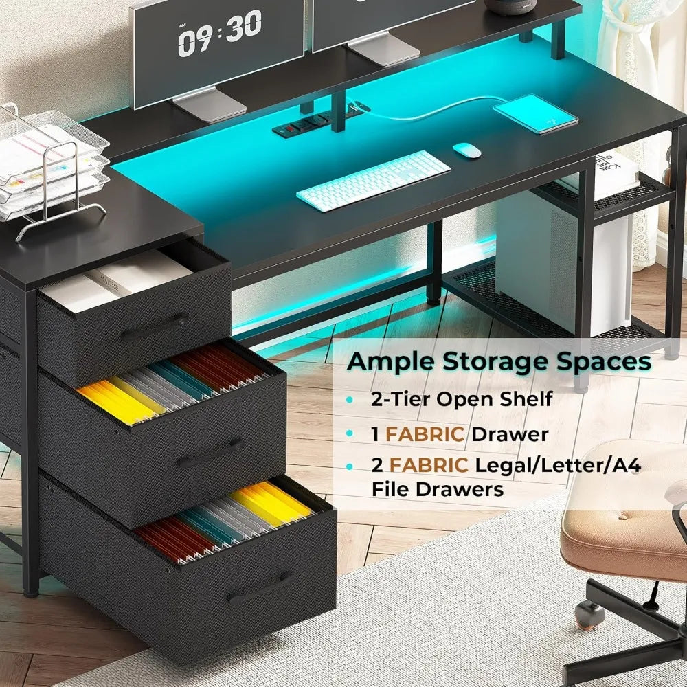 59" Office Desk with Drawers, Reversible Computer Desk with File Drawers & Storage, Gaming Desk with LED Lights & Power Outlet