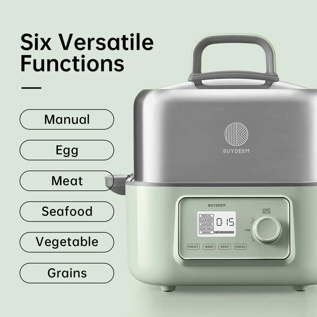 Electric Food Steamer for Cooking, 2 Tire Stainless Steel Steamer with Manual Mode, 1500W, 14 Quart, Green