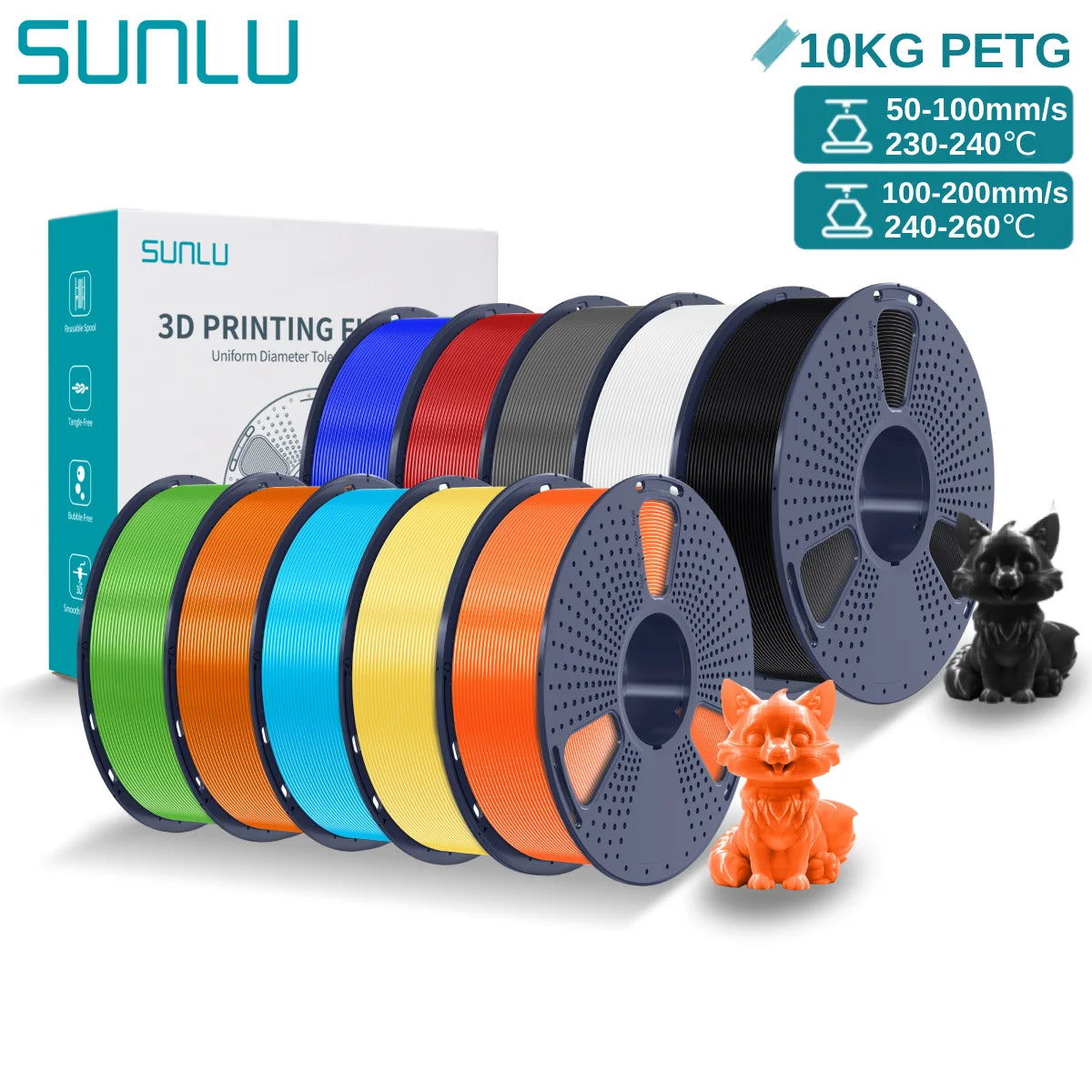SUNLU PETG 10KG 3D Printer Filament 1.75mm High Toughness Neatly Wound 3D Filaments Spool for Most FDM 3D Printer Materials