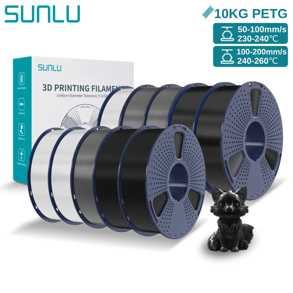 SUNLU PETG 10KG 3D Printer Filament 1.75mm High Toughness Neatly Wound 3D Filaments Spool for Most FDM 3D Printer Materials