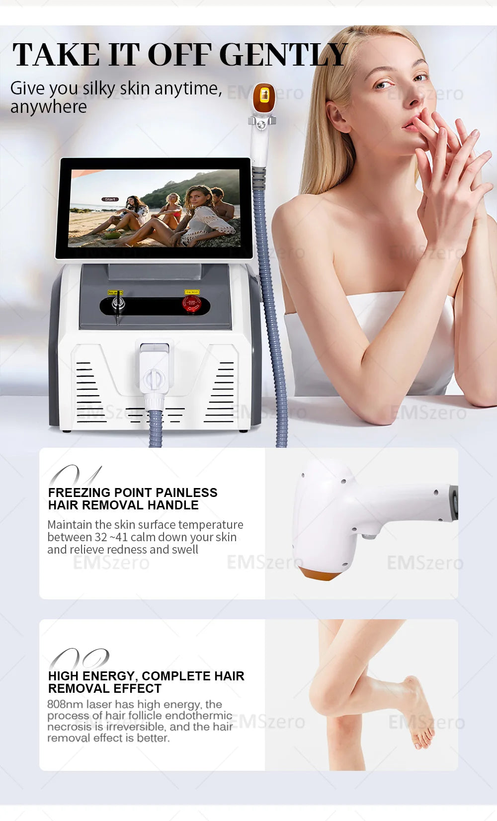 Diode Laser Hair Removal, Professional Machine, Painless Cooling, Permanent Lazer Hair Removal, 3 Wavelengths 755 808 1064
