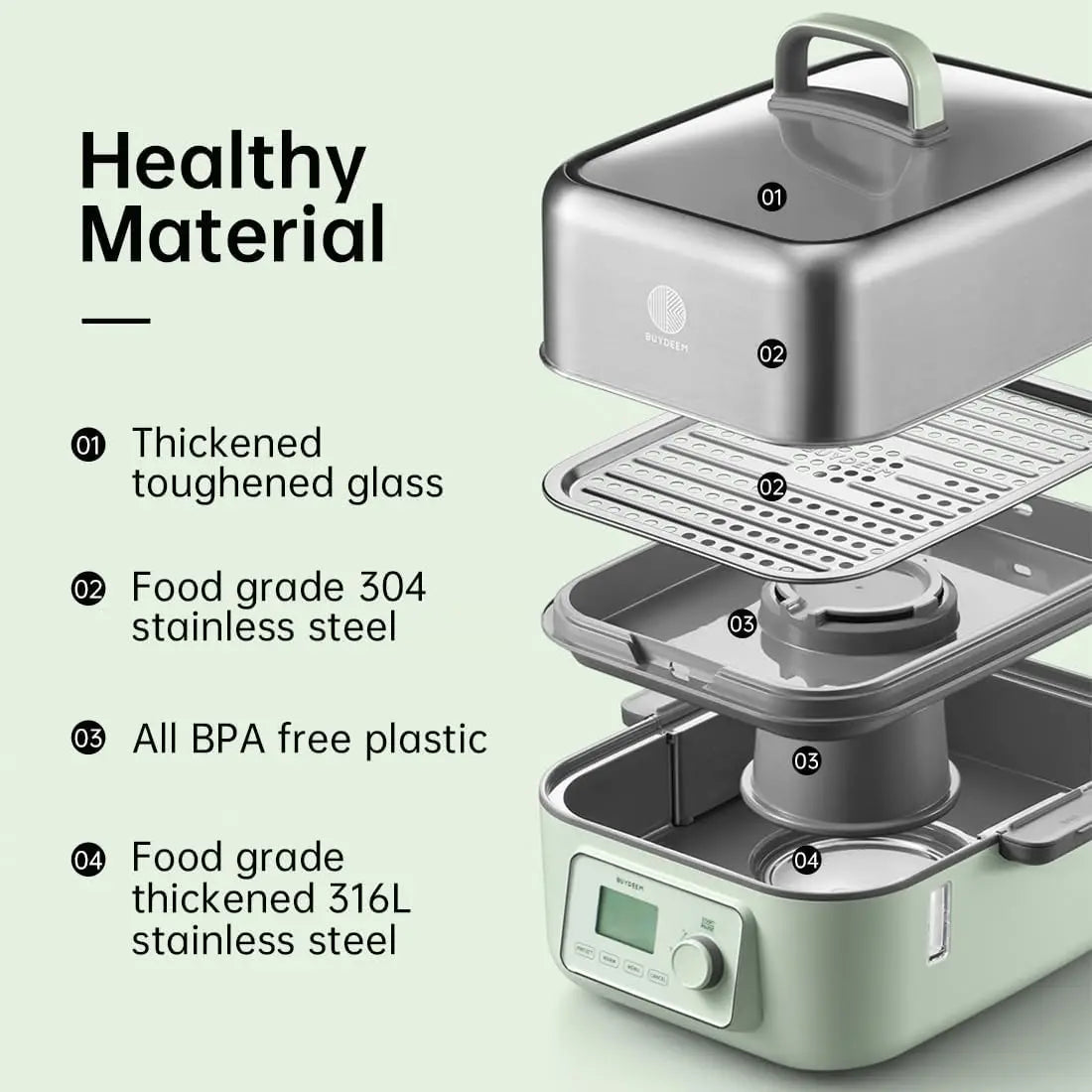 Electric Food Steamer for Cooking, 2 Tire Stainless Steel Steamer with Manual Mode, 1500W, 14 Quart, Green