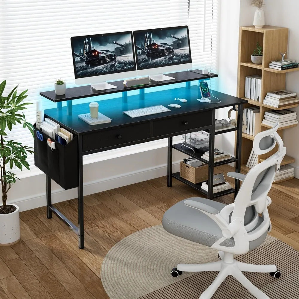 Black Computer Desk with Shelves and Drawers - 47 Inch Home Office Desk with Drawers and Shelves, Small Black Desk with Shelves,