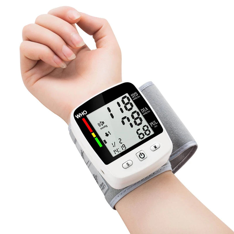 Digital Blood Pressure Monitor Wrist Tensiometer Electronic Sphygmomanometer Tonometer with LCD, 2 X 90 Memory Rechargeable