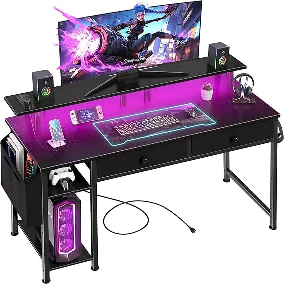 Black Computer Desk with Shelves and Drawers - 47 Inch Home Office Desk with Drawers and Shelves, Small Black Desk with Shelves,