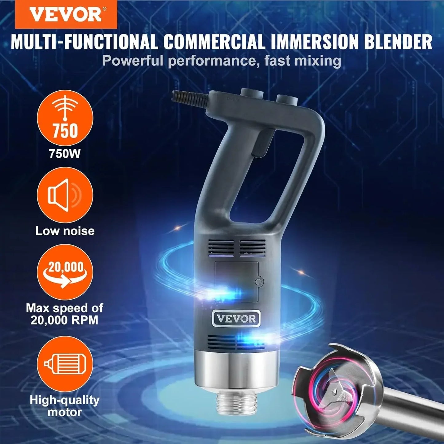 Commercial Immersion Blender, 750W 16" Heavy Duty Hand Mixer, Variable Speed Kitchen Stick Mixer with 304 Stainless Steel