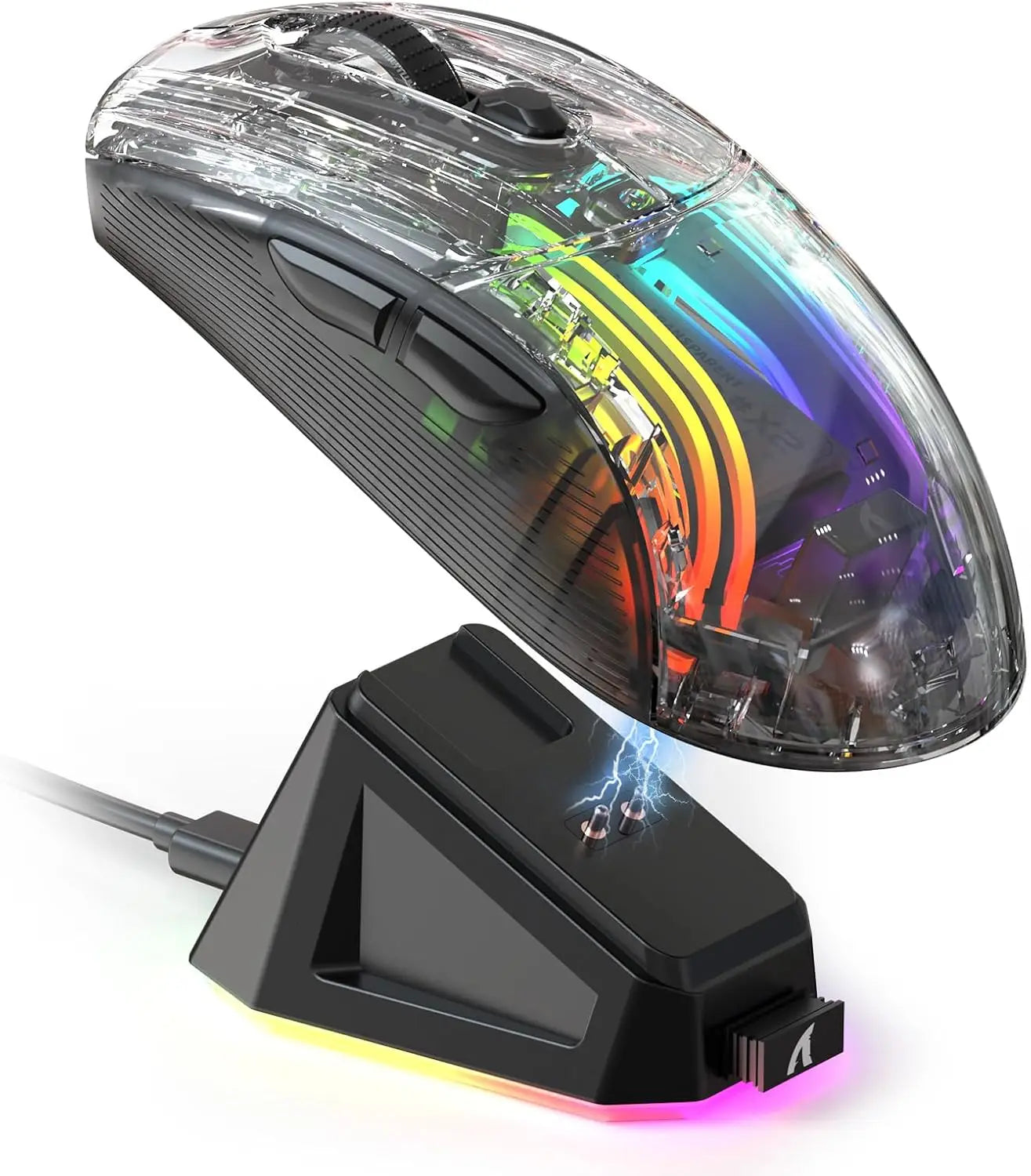 X2Pro Wireless Gaming Mouse with RGB Charging Dock, Tri-Mode Mute Mouse RGB, Backlit, Transparent Shell ,PixArt 3212