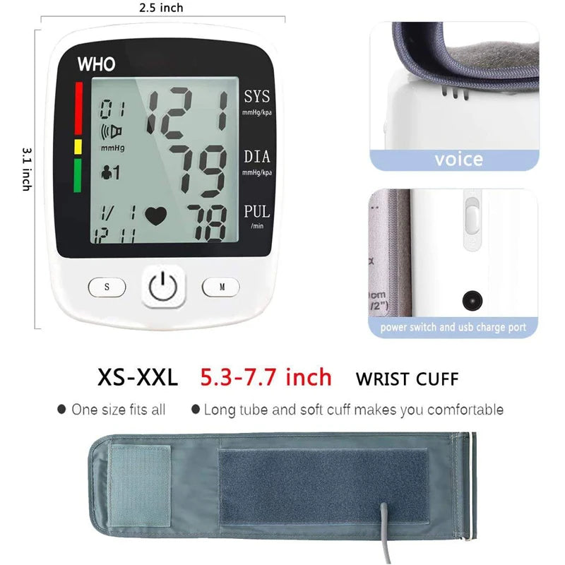 Digital Blood Pressure Monitor Wrist Tensiometer Electronic Sphygmomanometer Tonometer with LCD, 2 X 90 Memory Rechargeable