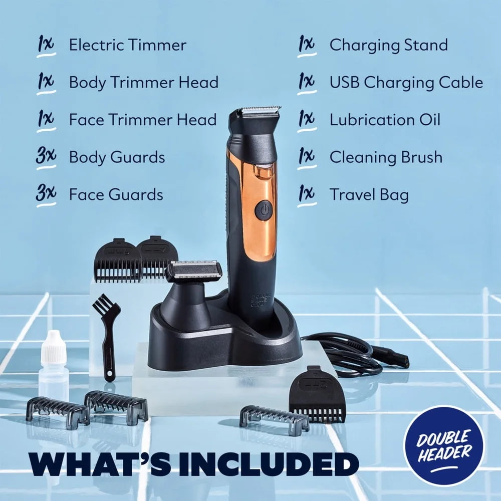 Double Header Electric Trimmer Rechargeable Beard and Body Grooming Kit, Cordless Waterproof Self Sharpening Blades LED Display