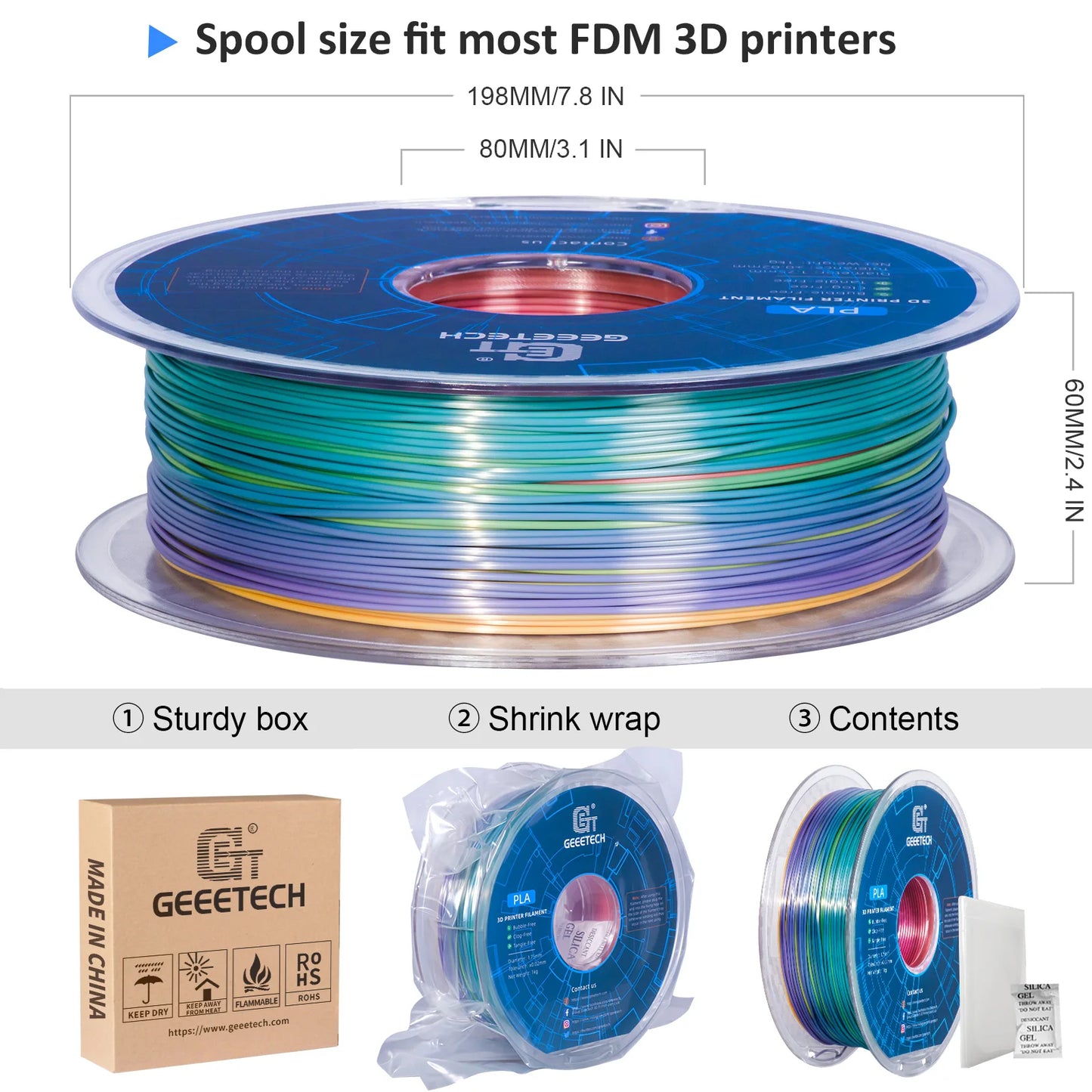 5Kg 3D Silk PLA Filament 1.75mm High Gloss Surface Neat Wrapped Dimensional Accuracy /-0.02mm Vacuum Packaging