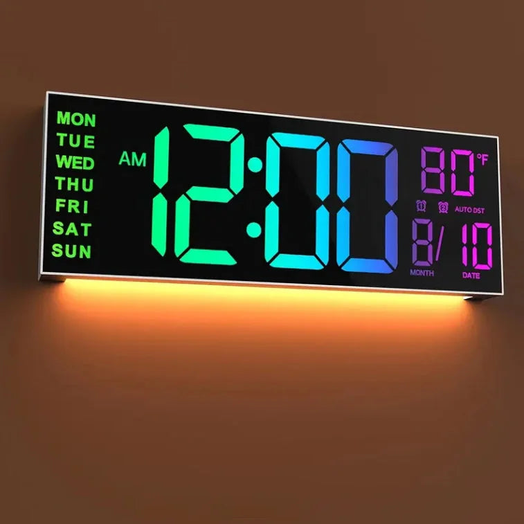 16" Large Digital Wall Clock With Remote Control, Timer, Alarm With Big LED Screen Dispaly, 8 RGB Colors, Auto DST, Temperature