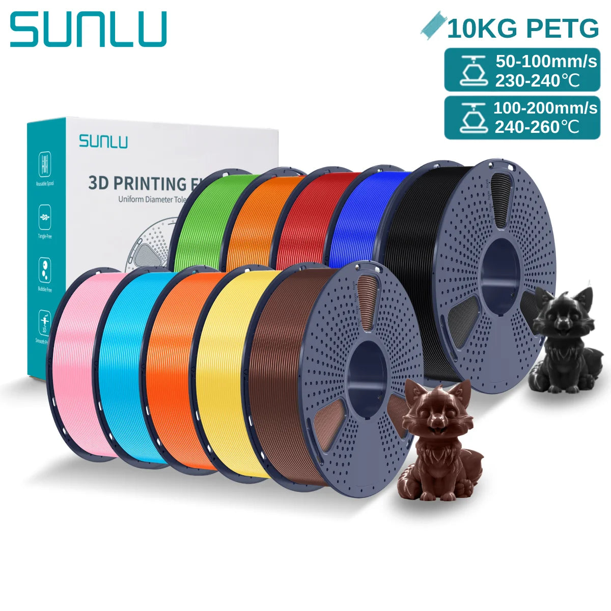 SUNLU PETG 10KG 3D Printer Filament 1.75mm High Toughness Neatly Wound 3D Filaments Spool for Most FDM 3D Printer Materials