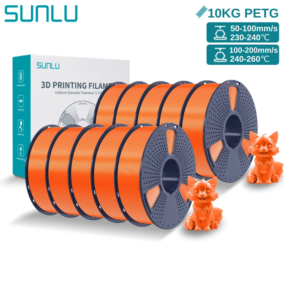 SUNLU PETG 10KG 3D Printer Filament 1.75mm High Toughness Neatly Wound 3D Filaments Spool for Most FDM 3D Printer Materials