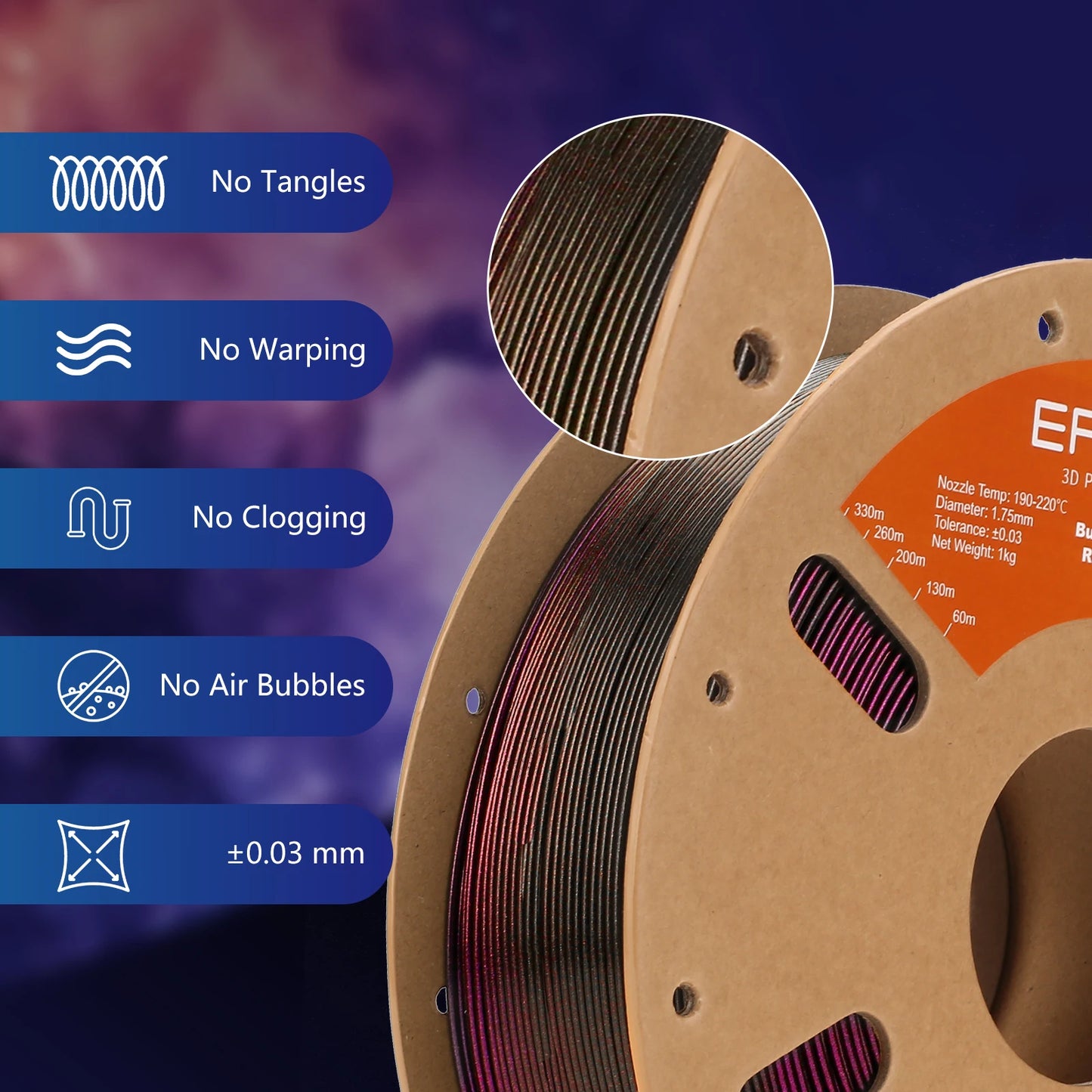 Clearance Burnt Titanium Rainbow PLA Filament 3D Printer 1.75mm +/-0.03mm, 1kg(2.2LBS)/Spool