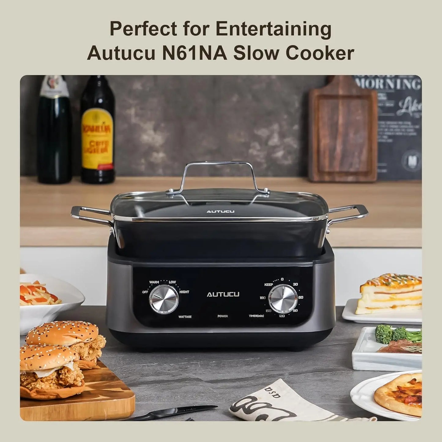 Nonstick Slow Cooker 7-Quart - PFOA-Free Ceramic-coated, 3 Heat Settings & Timer - Dishwasher Safe Pot