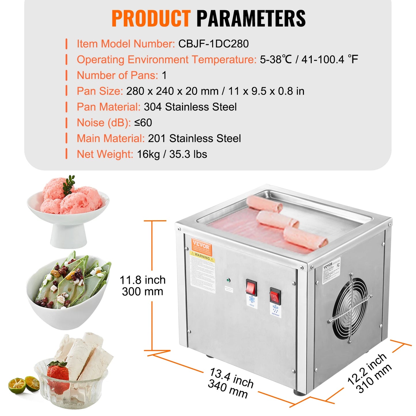 Fried Ice Cream Roll Machine Stir-Fried Stainless Steel Rolled Ice with Compressor & 2 Scrapers for Home Commercial