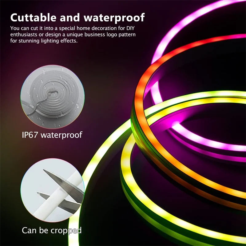 Neon LED Strip Lights 12-24V 84LEDs/M Silicone Neon Rope Light with Music Sync RGBIC Dream color Chasing Strip Tape for Room