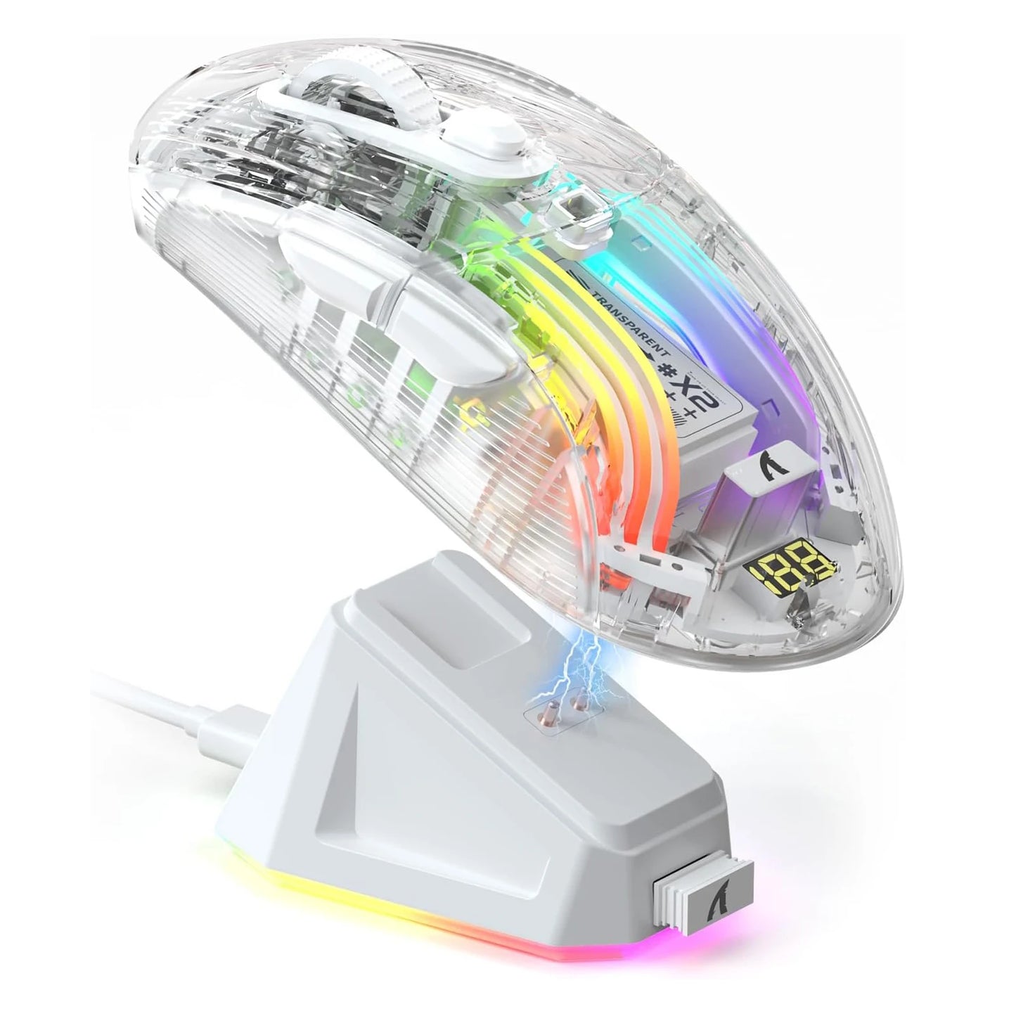 X2Pro Wireless Gaming Mouse with RGB Charging Dock, Tri-Mode Mute Mouse RGB, Backlit, Transparent Shell ,PixArt 3212