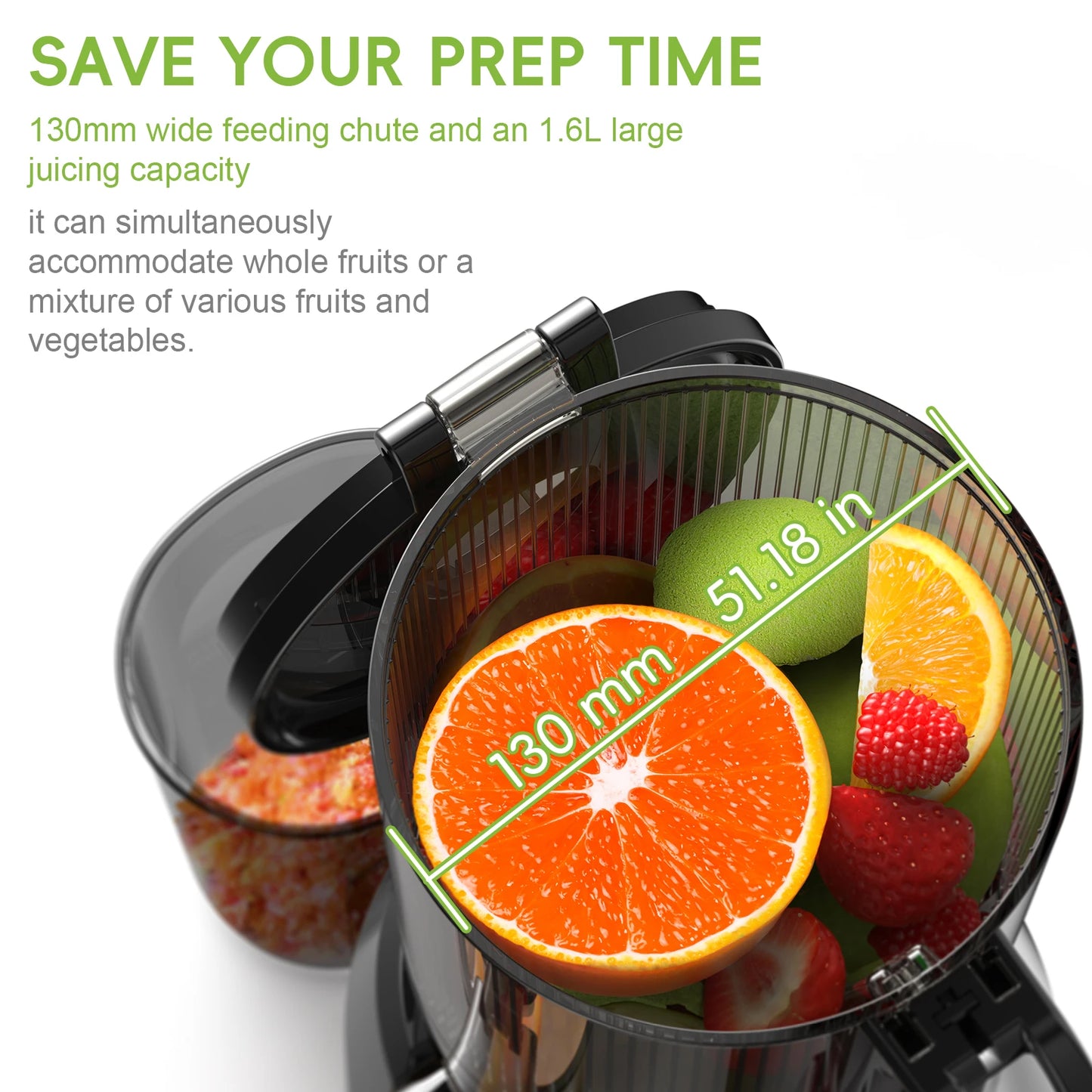 Cold Press Juicer, with 130mm Feed Chute, Fit Whole Fruits & Vegetables, High Juice Yield, BPA FREE Slow Masticating Juicer
