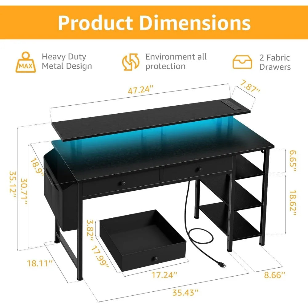Black Computer Desk with Shelves and Drawers - 47 Inch Home Office Desk with Drawers and Shelves, Small Black Desk with Shelves,